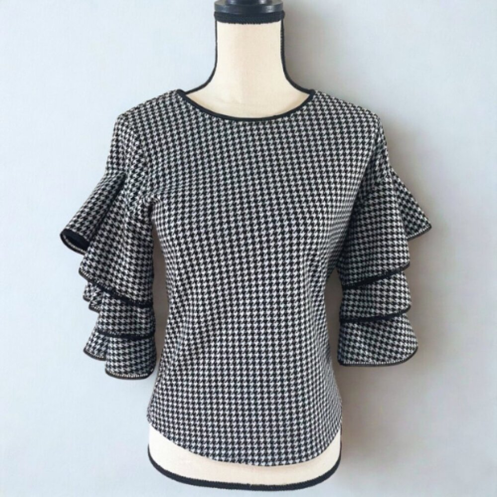 Eva Franco Houndstooth Ruffle Sleeve Top XS - Statement Bell Sleeve - EUC